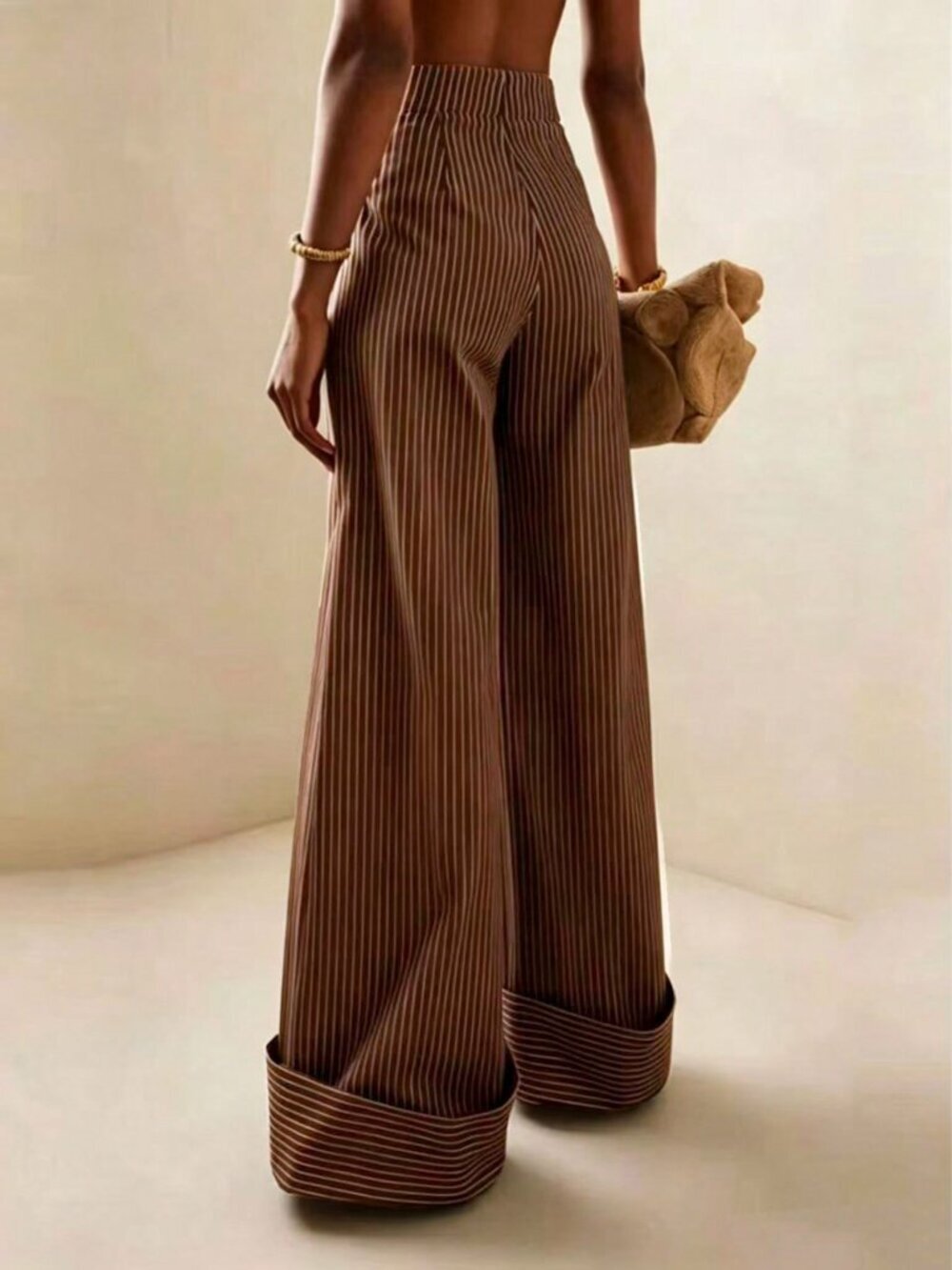 Brown Elegant Women's Striped High Waist Straight Loose Versatile Pants - Picture 2 of 3